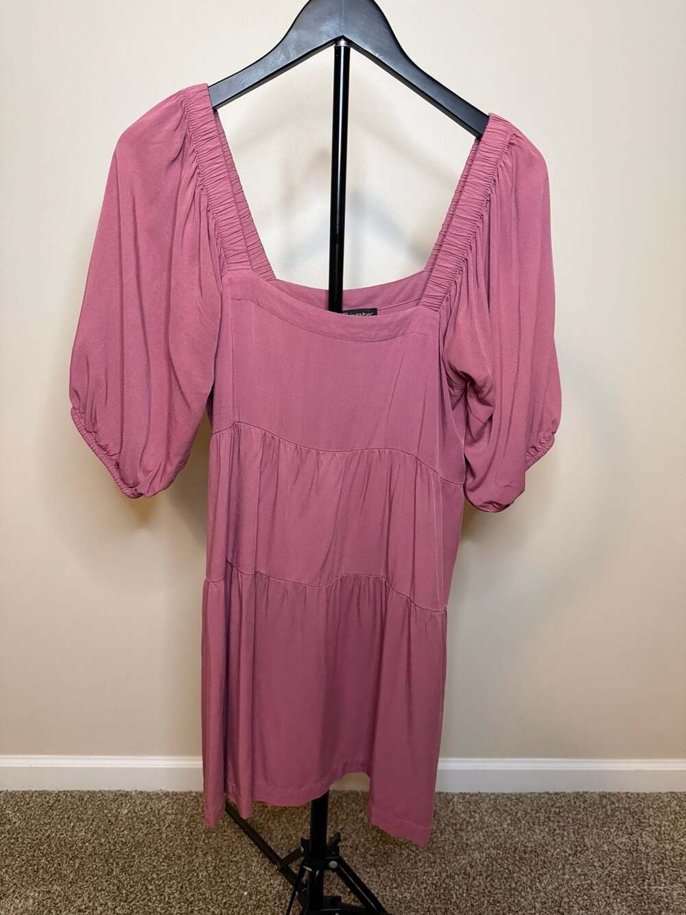 Shinestar Pink Square Neck Tiered Puff Sleeve Mini Dress